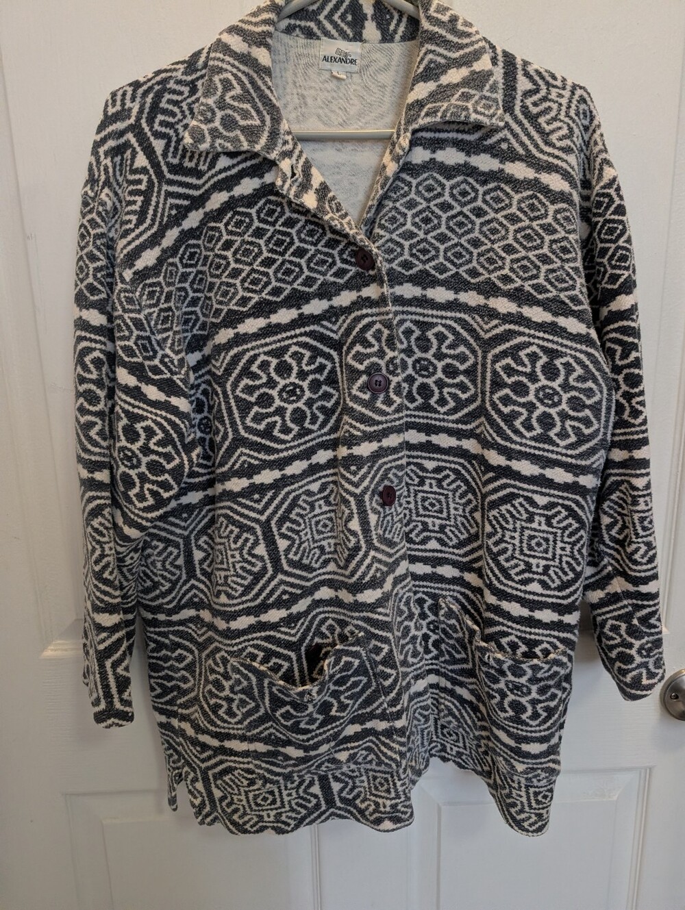 Black & Cream Patterned Button-Front Women's Sweater